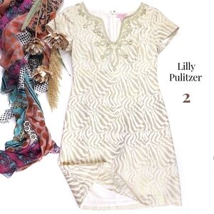 New Lilly Pulitzer Cream Gold Embroidered Metallic Dress Sz 2